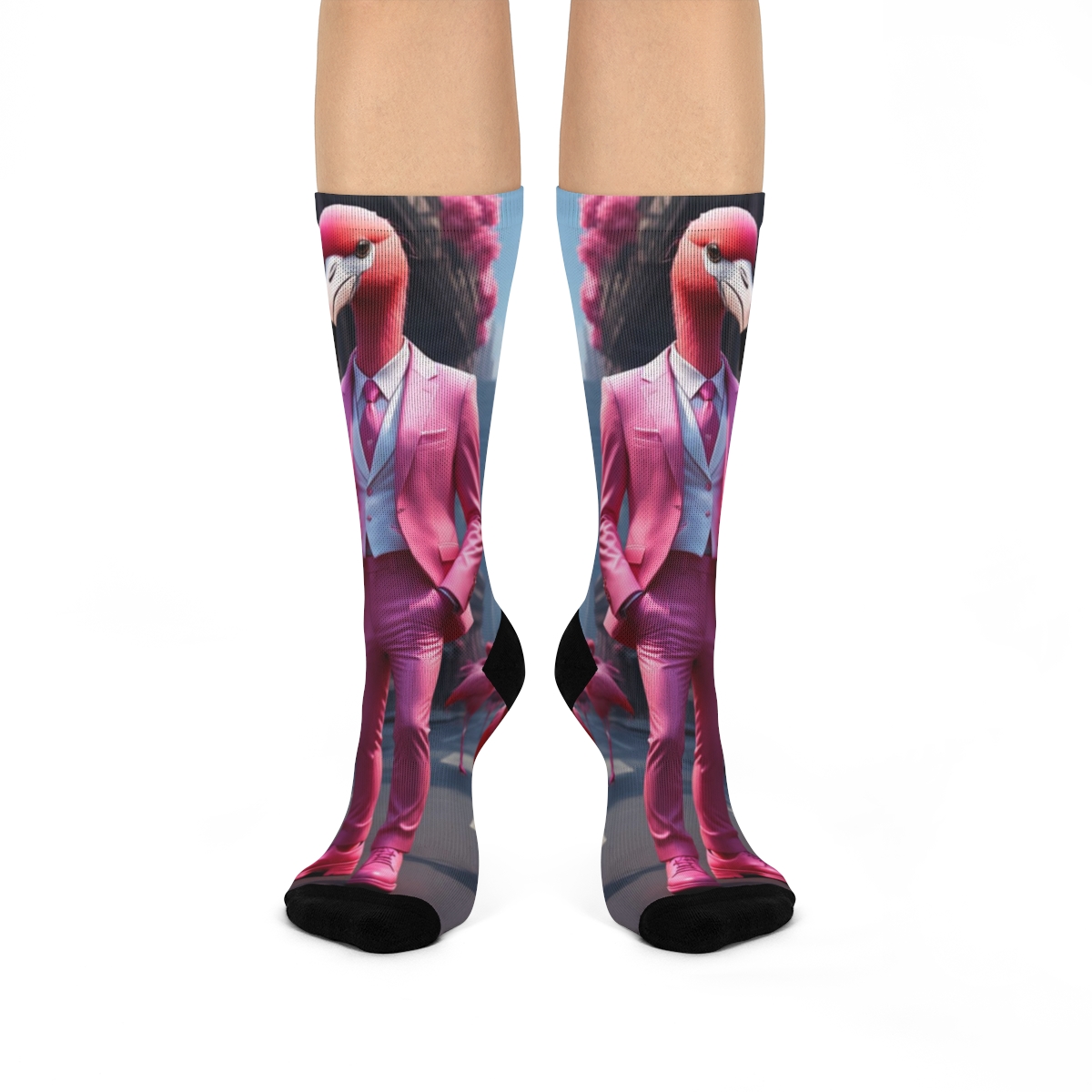 Crazy epic socks Sophisticated Flamingo Socks. They show a flamingo wearing a pink suit.