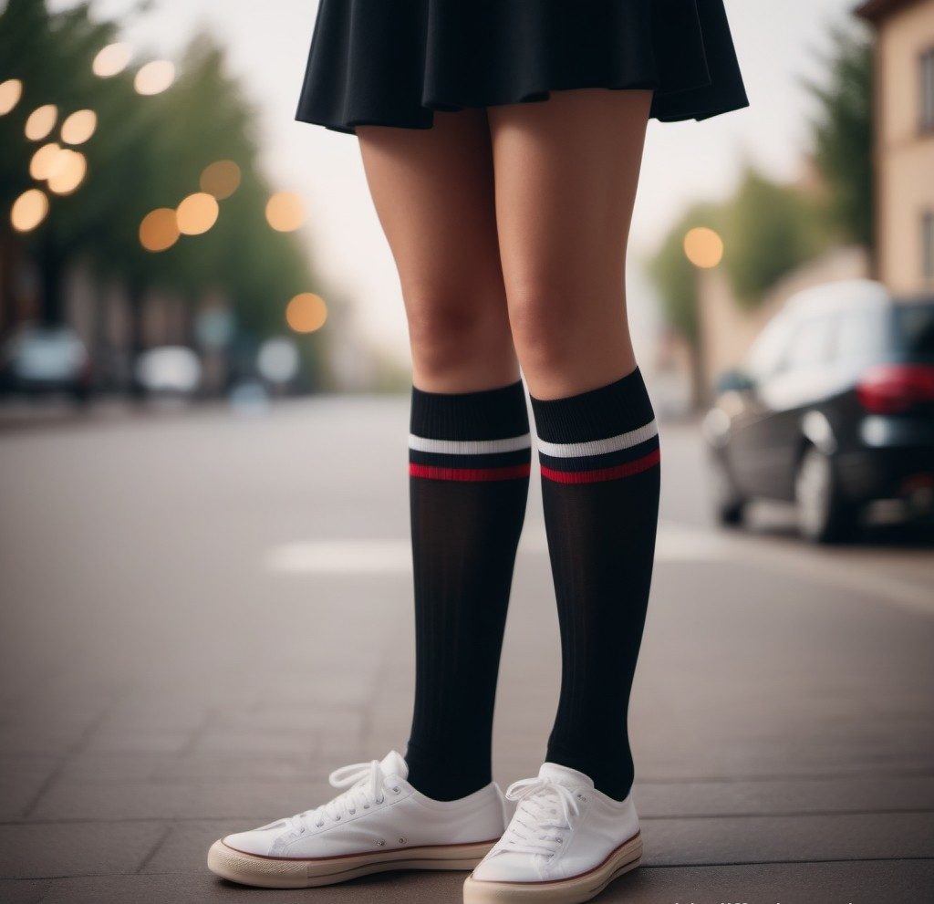 a girl wearing tube socks and a skirt