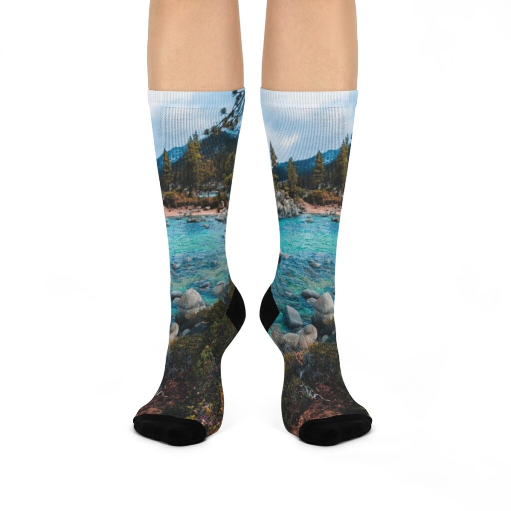 Some of our best hiking socks, they show a pucture of lake tahoe that my wife took.